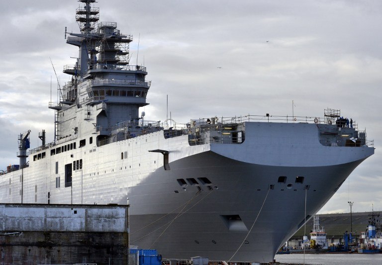 The Mistral-class assault warship Sevastopol, the second of two mammoth Mistral helicopter carriers built for Russia, is docked on Nov. 26, 2014 in the western French port of Saint-Nazaire after being taken from its dry dock on Nov. 20. 