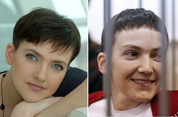Right: Ukrainian army officer Nadiya Savchenko smiles as she stands inside a defendant's cage during her hearing at the Basmanny district court in Moscow on Feb. 10, some 59 days into her hunger strike. Left: Savchenko before her imprisonment.