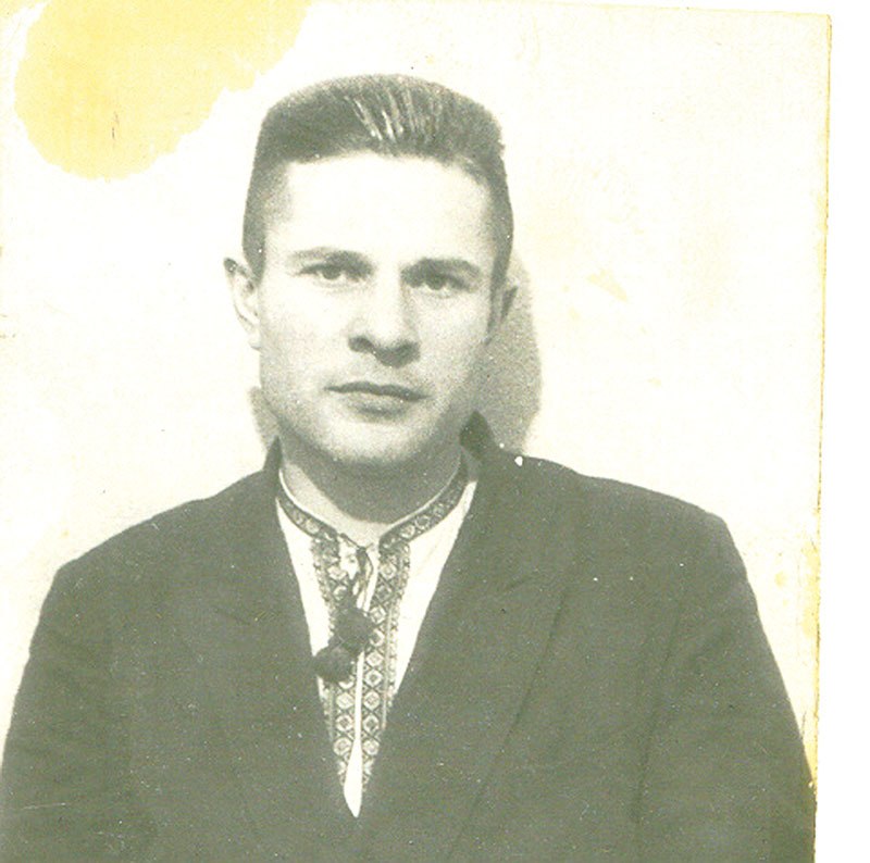 This photo of Myron Mycio was taken secretly in 1954 in Camp D-2 after Josef Stalin's death, when prisoners were allowed to receive packages. His family found out he was alive and his sister sent him the embroidered shirt. In 1948, Mycio was sentenced to 