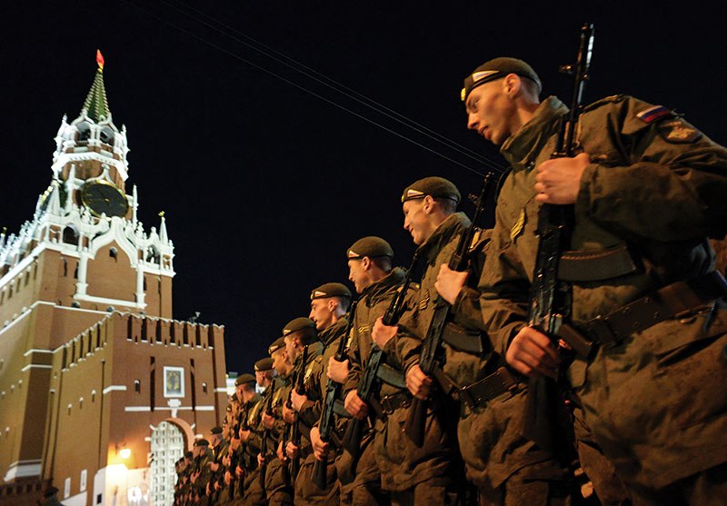 Russian soldiers attend the Victory Day military parade night training on May 4 on Red Square in Moscow.