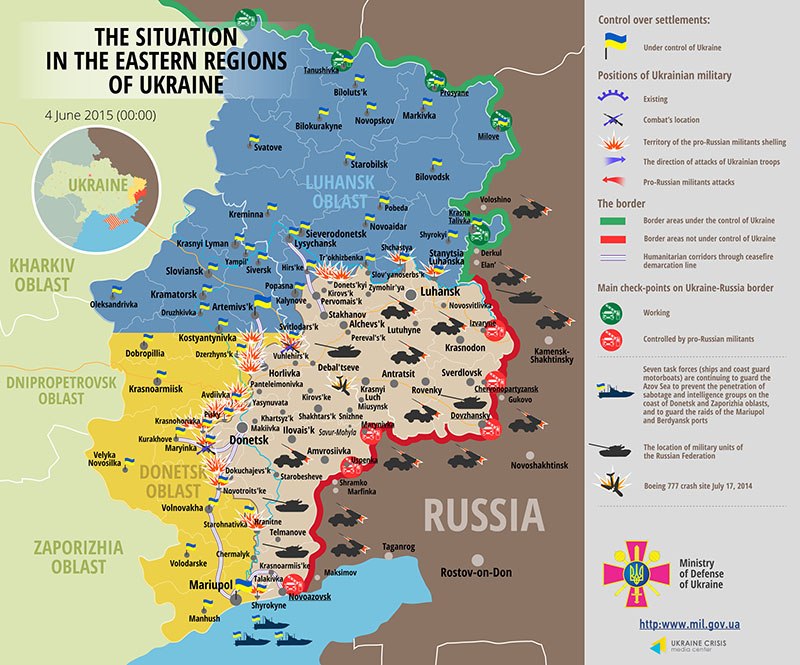 Russian-separatist forces continue attacking Ukrainian positions along most of the 450-kilometer (280-mile) front line using artillery and tanks banned by the February Minsk peace agreements, as well as by multiple-rocket launch systems. A regimental-size