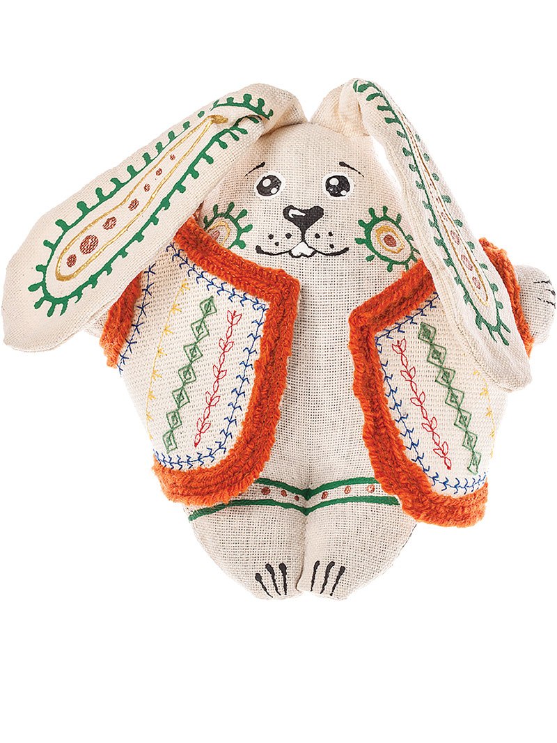 A stuffed bunny wearing a traditional Ukrainian waistcoat zhupan is sold at Koza Dereza shop. 