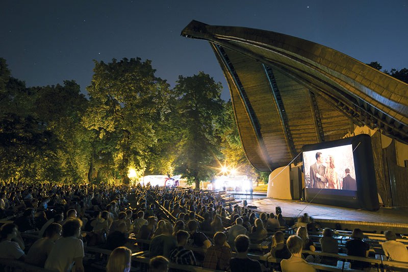 A movie is screened in the summer theater in Mariyinskiy Park in Kyiv on May 22, 2014.