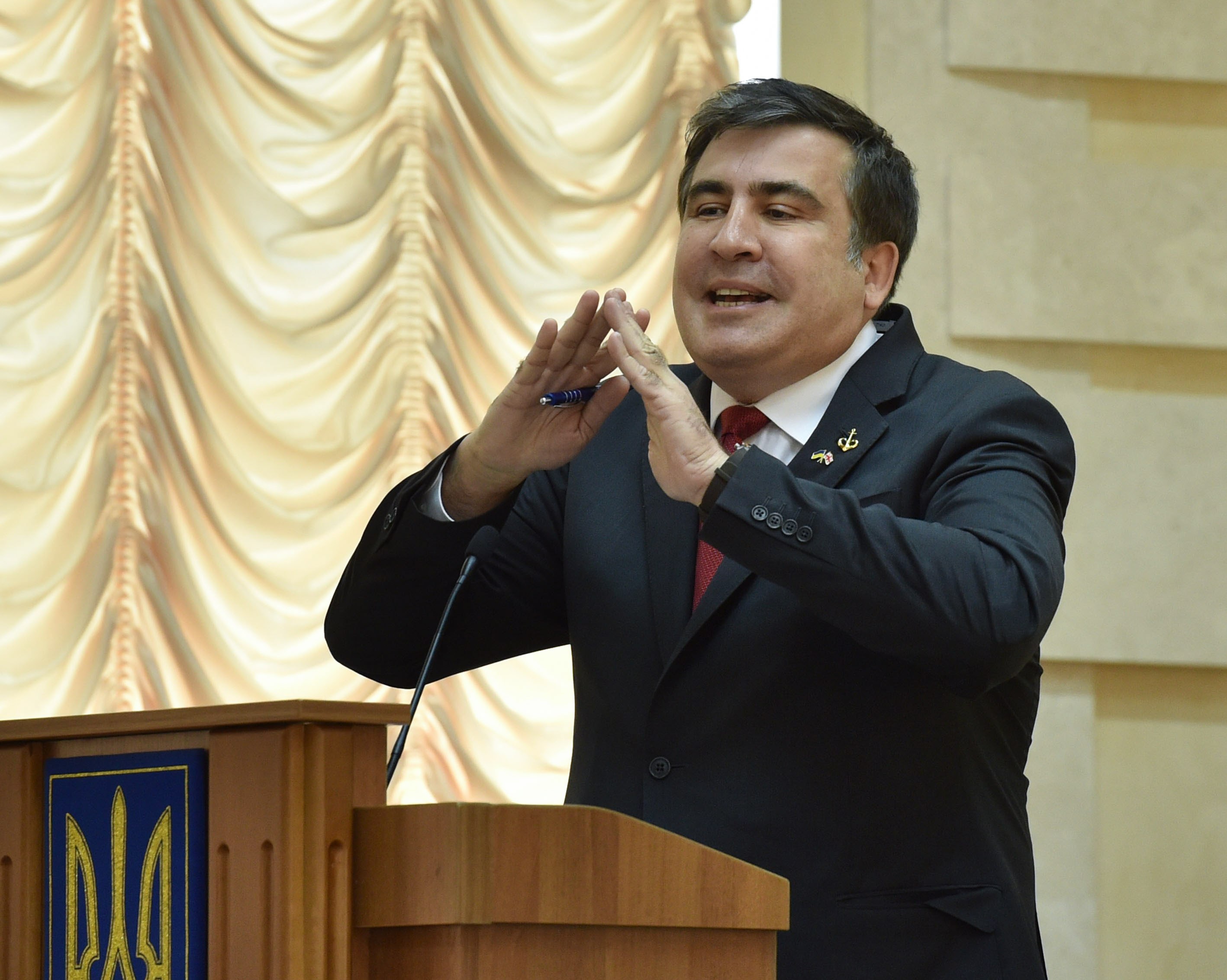 Mikheil Saakashvili gestures during the meeting with Petro Poroshenko in Odessa's regional administration on July 8.