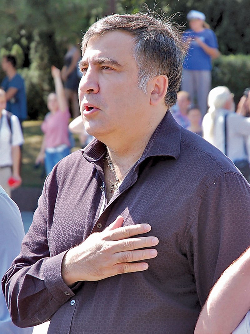 Odesa Governor Mikheil Saakashvili, Georgia’s ex-president, sings Ukraine’s national anthem on Aug. 5 in Odesa.