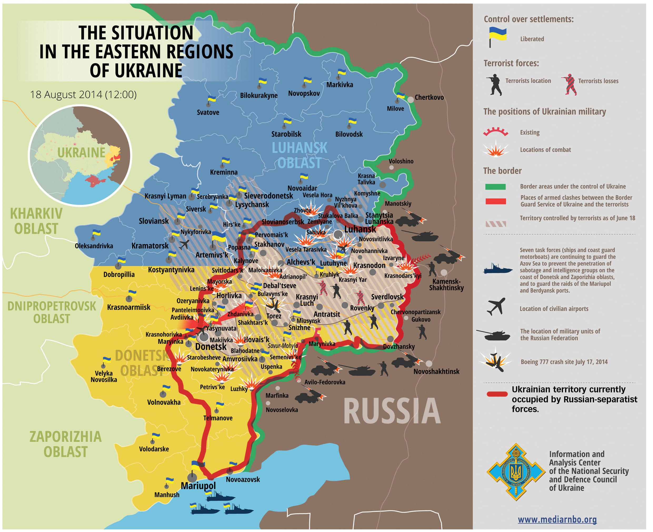 A map of the war zone in eastern Ukraine as it looked on Aug. 18, 2014, the day Ukraine’s main assault on the city of Ilovaisk started. By mid-August 2014, Ukraine’s forces had liberated 60 percent of Donetsk and Luhansk oblasts that Russian-separatist fo