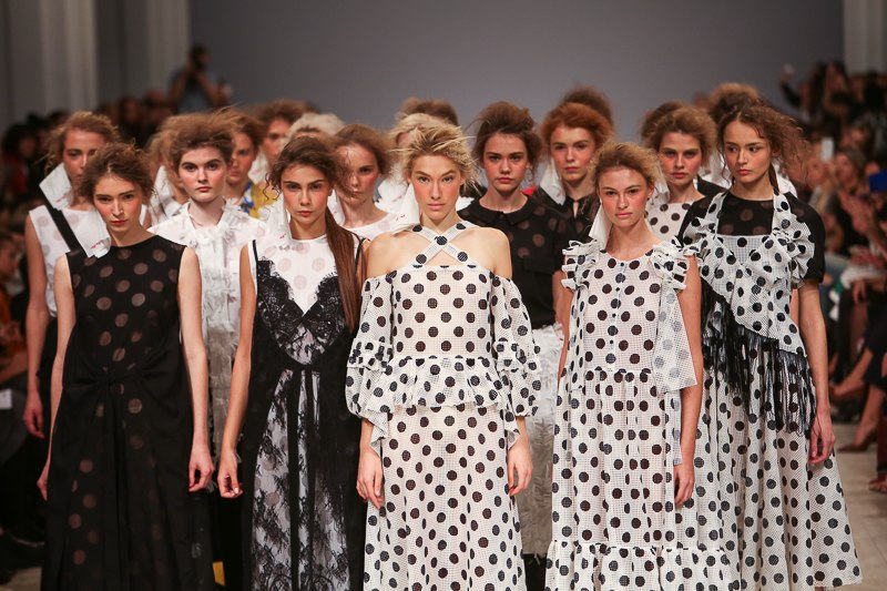Models shows designers clothes at the podium of Ukrainian Fashion Week in Mystetskii Arsenal on Oct. 14.