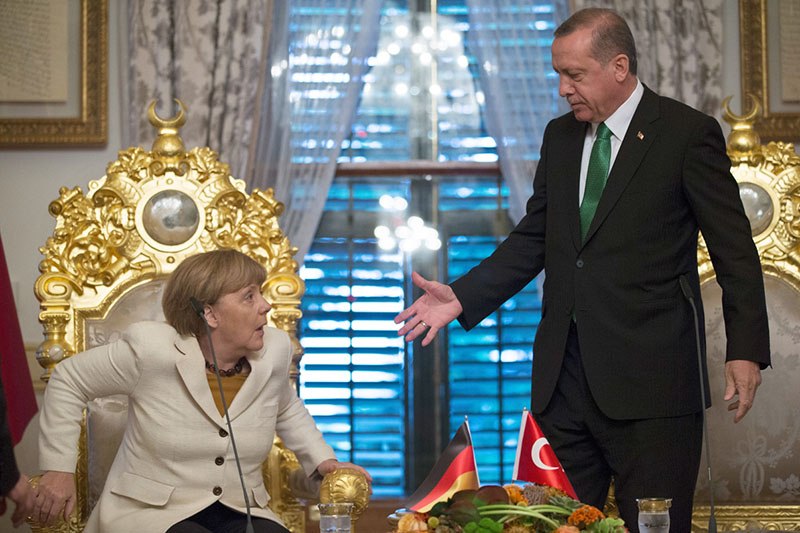 German Chancellor Angela Merkel (L) and Turkish President Recep Tayyip Erdogan meet on Oct. 18 in Istanbul.