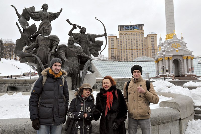 “Winter on Fire” crew members (from left) Eduard Georgadze, Lina Klebanova, Galyna Sadomtseva and Artem Rykhalskyi stand on Maidan Nezalezhnosti on Jan. 18, two years after the EuroMaidan Revolution.