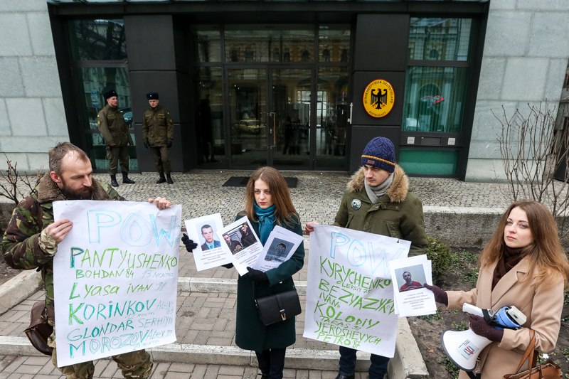 Activists take part in rally in front of Germany embassy against local election in the East of Ukraine on the occupied territories by pro-russians separatists  (ATO DNR LNR) on March 5