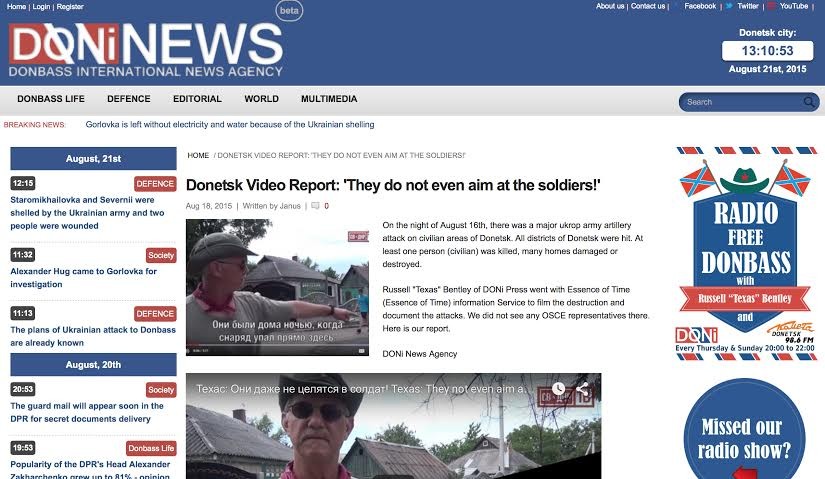 Screenshot from the DoniNews website, which publishes articles praising the separatists and criticizing Ukraine and the West. (Courtesy)