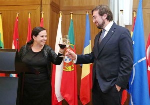 Natalia Nemyliwska, director of the NATO Information and Documentation Centre, and Alexander Vinnikov, director of the NATO Liaison Office in Ukraine, on Apri 7 in Kyiv toast to NATO's 67th birthday. The political-military alliance's founding treaty was signed on April 4, 1949. 
