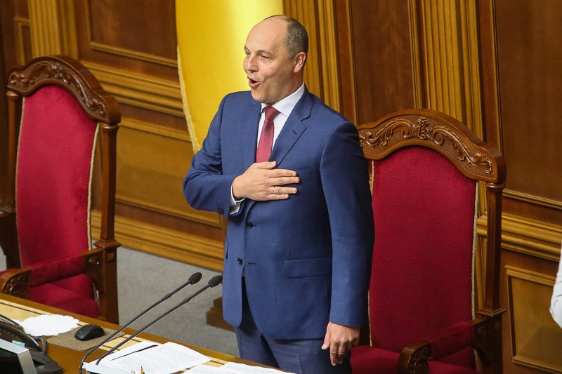 Speaker of parliament Andriy Parubiy sings national anthem of Ukraine during opening ceremony of parliament session on Sept. 6. 