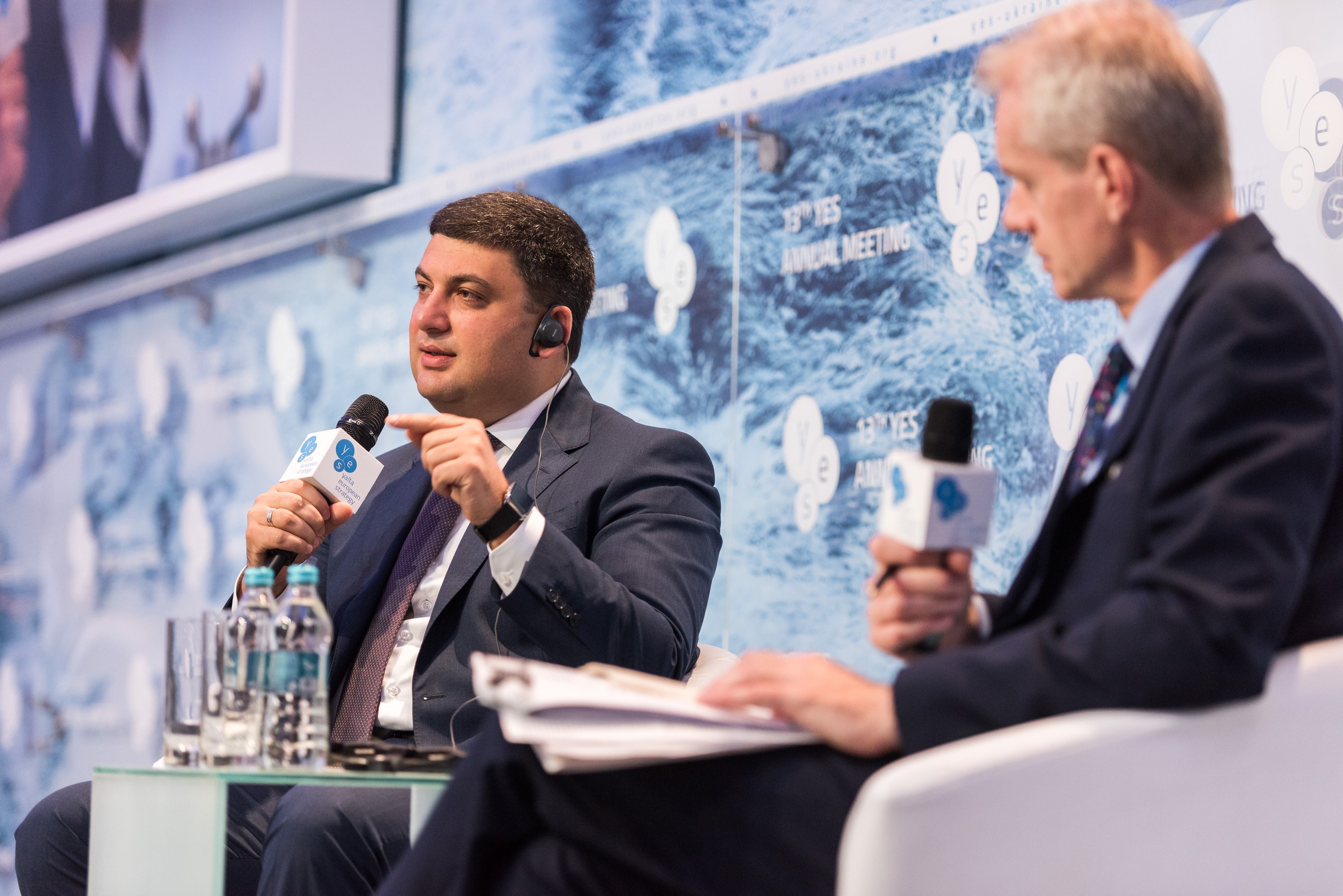 Prime Minister Volodymyr Groysman answers questions from moderator Stephen Sacker of the BBC at a Yalta European Strategy conference in Kyiv on Sept. 17.