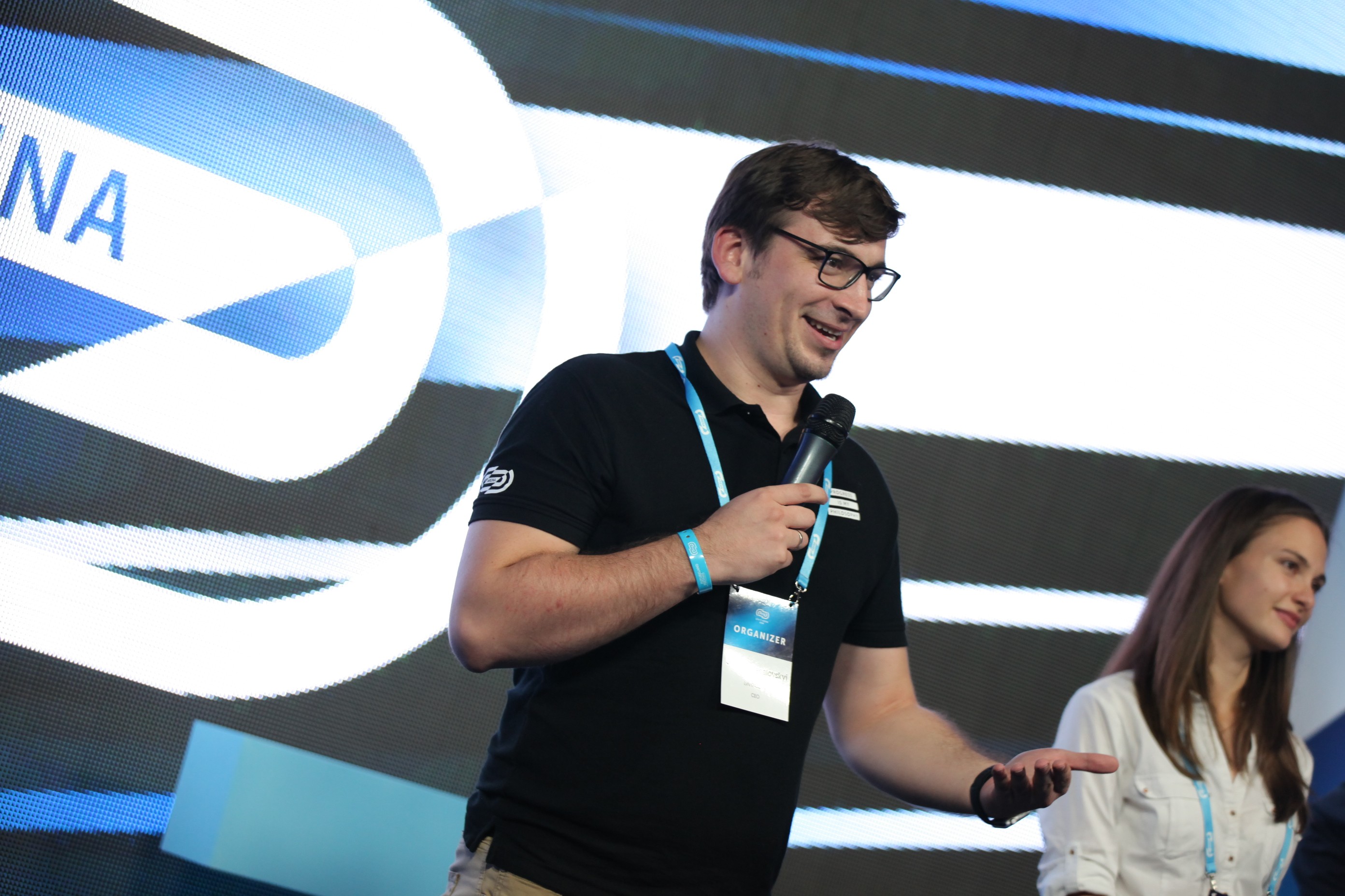 Stephan Veselovsky, one of the organizers of the Lviv IT Arena conference and the CEO of the Lviv IT Cluster, a non-profit association of tech companies, talks to the audience on Sept. 30.