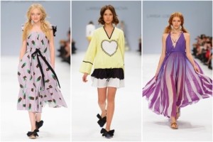 Pink, yellow and purple colors are complimented with flirtatious elements such as bows, flowerpots and hearts in Larisa Lobanova S/S 17 collection