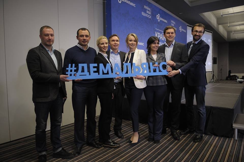 From left: DemAlliance Party members Oleg Derevianko, Vasyl Gatsko, Svitlana Zalishchuk, Vladislav Olenchenko, Victoria Ptashnyk and Sergii Leshchenko pose for a group photo on Nov. 19.
