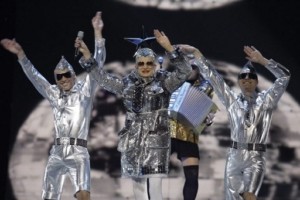 Andriy Danylko, better known as his drag stage persona Verka Serduchka, is also among the judge panel to select Ukraine's Eurovision contestant for 2017. In this photograph Serduchka sings "Dancing Lasha Tumbai" during the final of the Eurovision Song Contest 2007 final in Helsinki, Finland, 12 May 2007. 