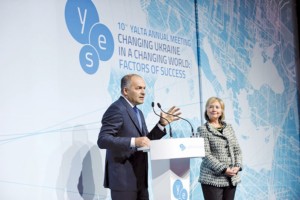 Billionaire Victor Pinchuk, founder of Yalta European Strategy, and former U.S. Secretary of State Hillary Clinton attend the YES conference in Yalta, Ukraine in 2013. Donald Trump spoke by video link in 2015. 