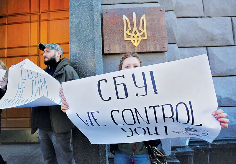 Activists on March 28 protest pressure by the Security Service of Ukraine (SBU) on YouControl, a company that monitors business data and corruption. (Anastasia Vlasova)