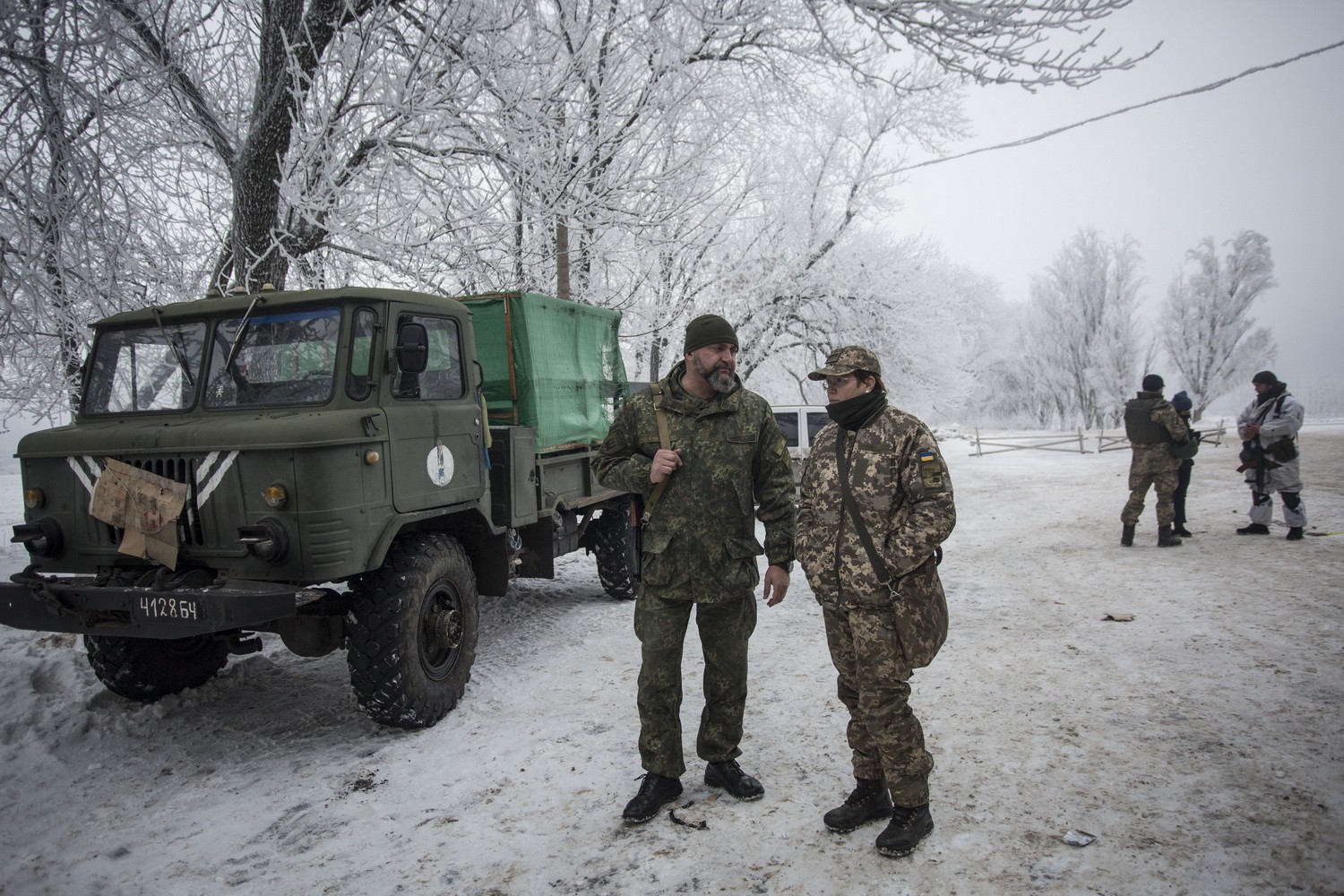 Soldiers from the Donbas battalion arrive at their base in a pig farm near Novoluhanske, Donetsk Oblast on Dec. 25.