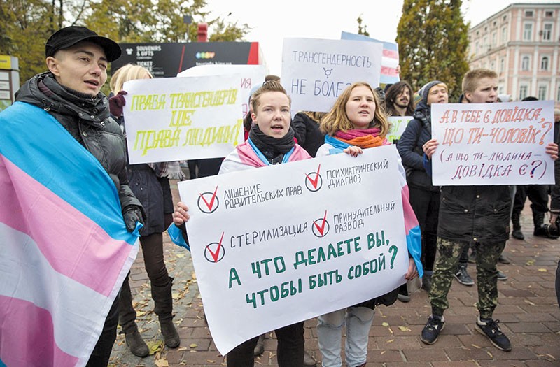 Activists protest treatment of transgender persons in Kyiv on October 22, 2016 for the International Day of Action for Trans Depathologization. 