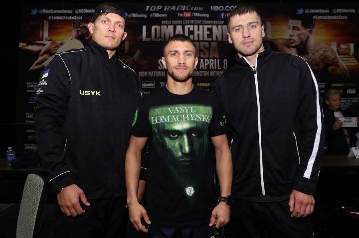 From Left: Ukrainian boxing champions Aleksandr Usyk, Vasyl Lomachenko and Oleksandr Gvozdyk pose for a photo before the fight night on April 8. (Courtesy from K2 Promotions)