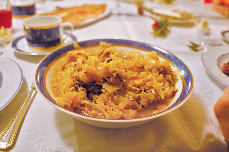 Bigos, while associated primarily with Poland, is also popular in Ukraine. It is made with shredded or stewed cabbage and meat. 