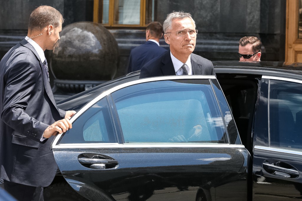 NATO Secretary General Jens Stoltenberg sits in a car after a press conference with Ukrainian President Petro Poroshenko in Kyiv on July 10, 2017.