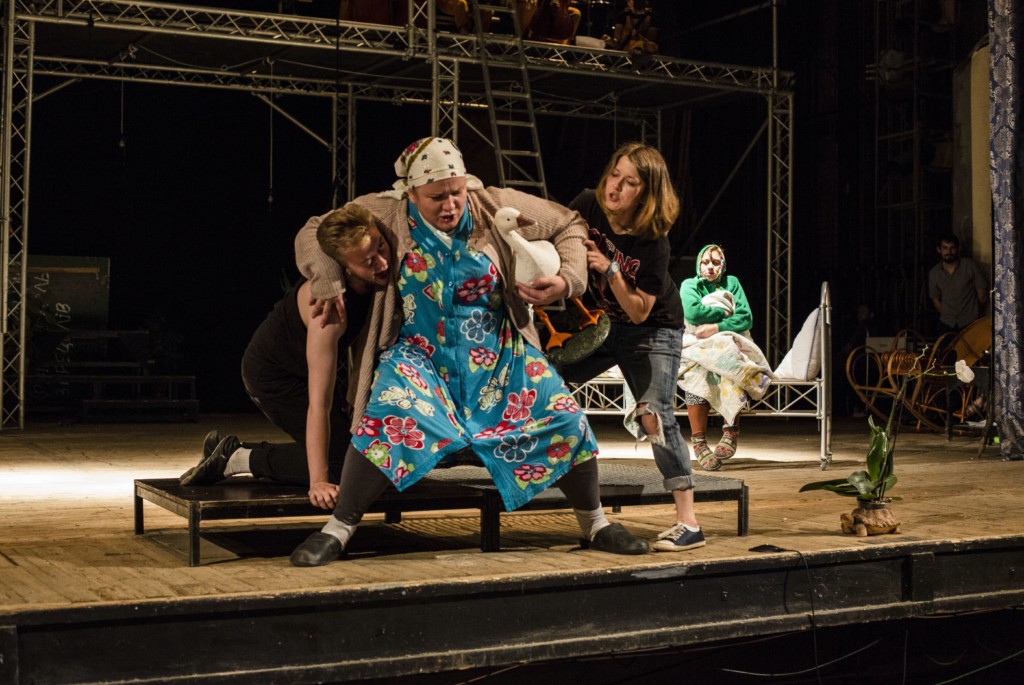 Ukrainian actors Anna Kuzina, Olesya Zhurakovska and Rimma Zyubina perform in a play written by 15-year-old Oksana Tarasiuk. (Anastasia Vlasova) 