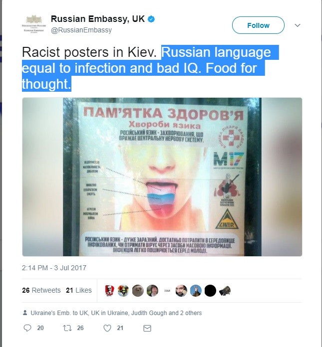 Russian embassy in UK official Twitter account  post print screen. ( Courtesy)