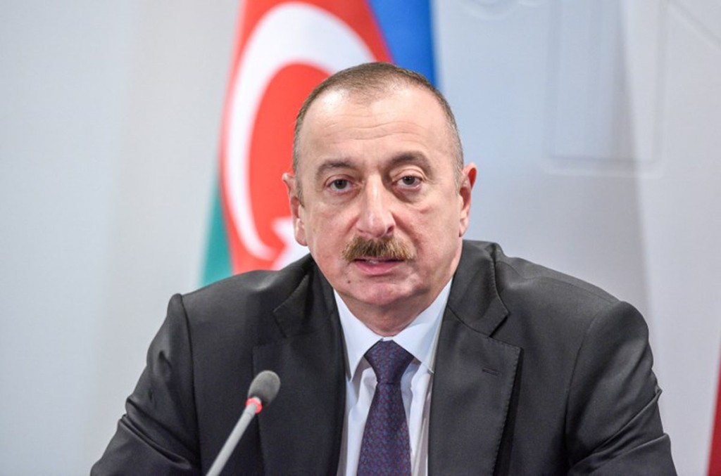 Azeri President Ilham Aliyev attends a press conference after a meeting with Latvian counterpart at the Riga castle, Latvia, on July 17, 2017. Ilham Aliyev is on an official visit to Latvia. / AFP PHOTO / Ilmars ZNOTINS