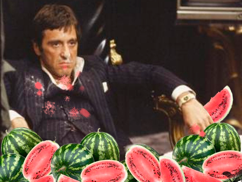  Al Pachino's iconic scene from the God Father trilogy, where Michael Corleone sits behind the table with ahuge amount of cocaine was turned into a meme by Ukrainian Facebook users. The meme has a caption "When a barge with watermelons finally came to Kyiv"