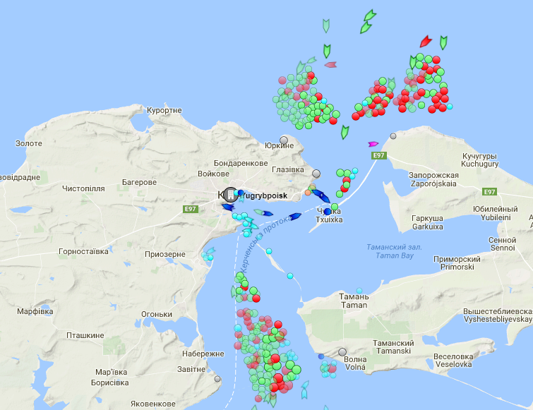 A screenshot from the Marine Traffic online tracking map shows dozens of vessels standing in lines on both sides of a Kerch Strait on Aug.29, the day after Russia closed it to settle the rairload arched section of the Crimean Bridge.