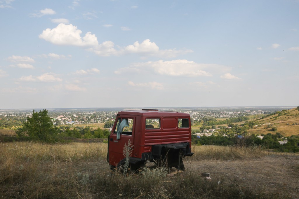 A truck cabin at the hill near Starobilsk, Luhansk Oblast, were "Voroshylovgrad" is being shot. 