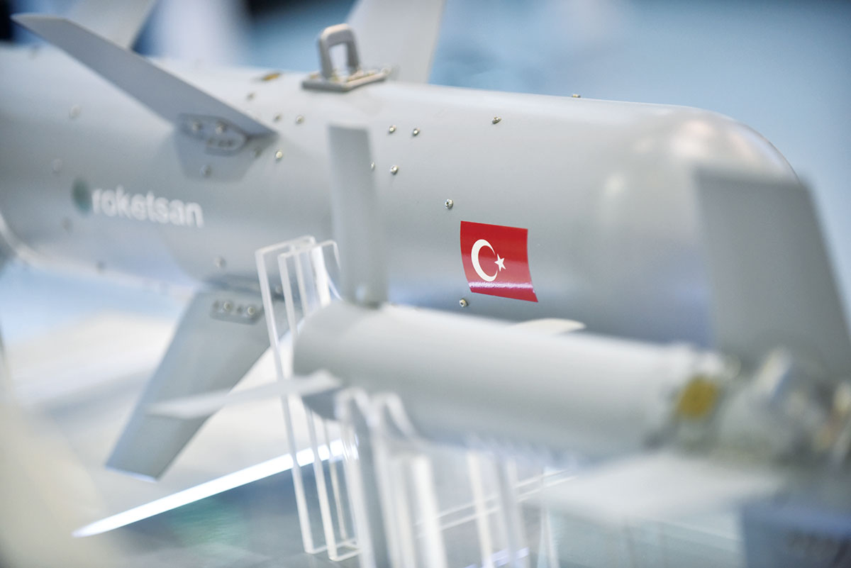 Turkish defense contractor Roketsan displays models of its missiles at the international arms exhibition in Kyiv on Oct. 15. (Oleg Petrasiuk)