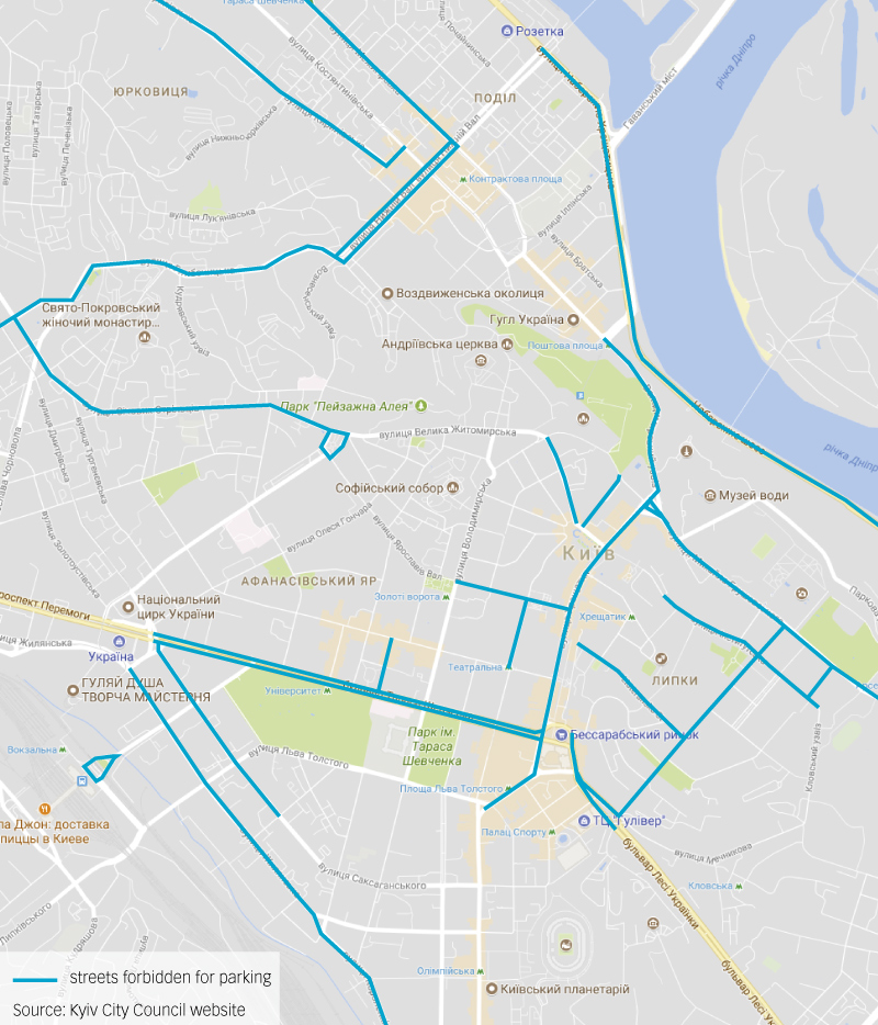 A map shows the streets in the city center Kyiv City Council banned for parking on Nov.28. 