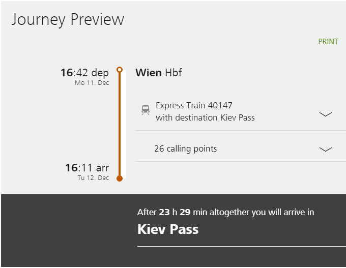 A screenshot from the Austrian Federal Railways website shows the direct connection between Vienna and Kyiv that should start operating on Dec. 10.