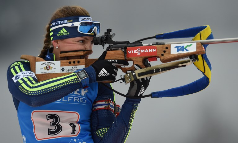 Ukrainian biathlon athlete Iryna Varvynets representing Ukraine at 2018 Winter Olympic Games in Pyeongchang, South Korea is pictured during the warm up shooting prior to the women 4 x 6 km relay at the Biathlon World Cup on January 12, 2017, in Ruhpolding, southern Germany.