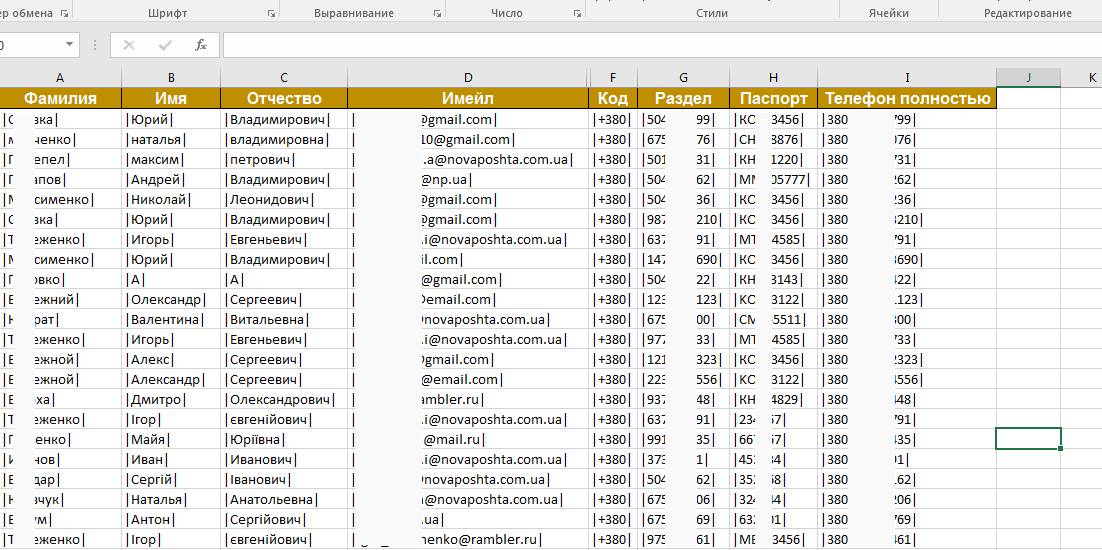 A screenshot taken by cybersecurity consultant Yehor Papyshev shows the database that allegedly was leaked from largest private delivery company in Ukraine Nova Poshta. 