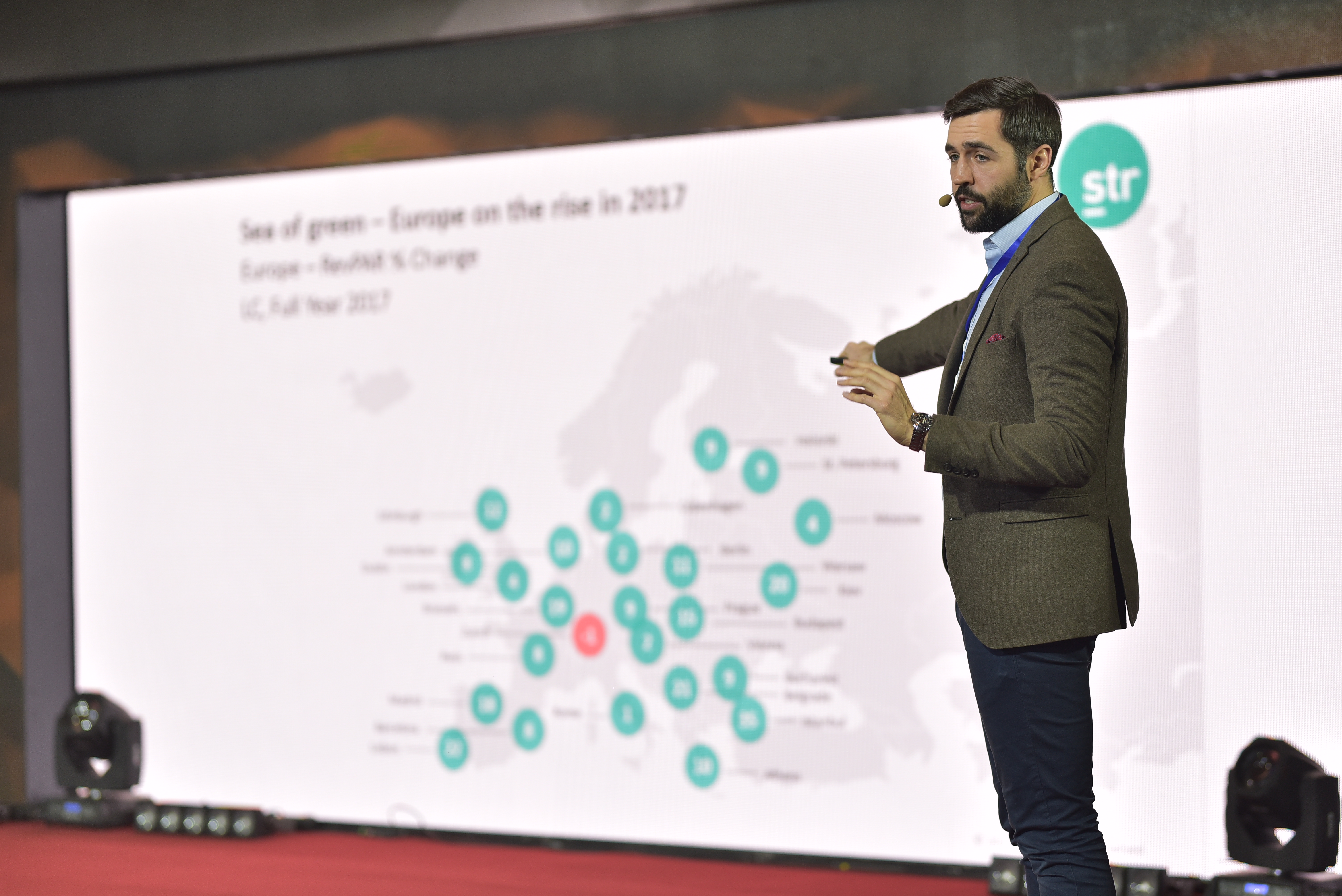 Dennis Spitra, head of business development at STR Global Europe, U.S. researcher that tracks the global hotel industry, talks to the audience of International Hospitality Conference held in InterContinental Kyiv Hotel on Feb. 17.